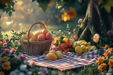 A peaceful picnic scene with a basket of fresh fruits, a checkered blanket, and flowers around.