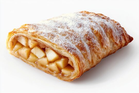 A beautifully presented strudel pastry with apple cinnamon filling, dusted with powdered sugar, isolated on a transparent background.