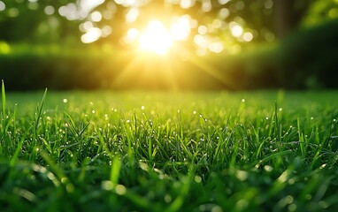 Obraz premium Bright green grass meadow in summer sunlight, blurred wild field background with copy space for design or text integration