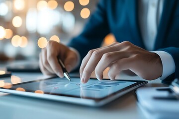Fototapeta premium Man in Suit Using Tablet with Pen, Charts, and Financial Data Displayed on Screen
