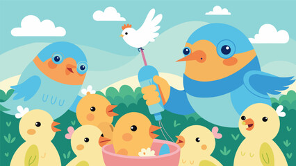 Naklejka premium In a nursery filled with fluffy baby birds specialized caretakers carefully handfeed tiny songbirds coaxing them to eat from the syringes.. Vector illustration