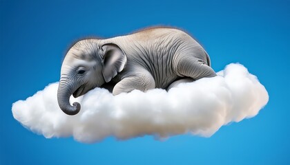 A baby elephant dreams atop a fluffy cloud in a tranquil blue sky