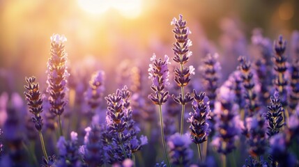 Fototapeta premium Beautiful lavender field in sunlight. The vibrant purple flowers create a serene scene. A perfect backdrop for relaxation. Generative AI