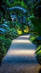 Obraz premium A serene pathway meanders through a lush green garden. Soft lighting enhances this tranquil space. Nature flourishes all around. Generative AI
