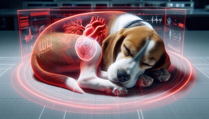 Innovative pet healthcare technology examines dog's vital signs in high-tech veterinary setting