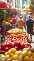 Vibrant Fruit Display at a Bustling Outdoor Market; Colorful Tomatoes, Lemons, and Other Tropical Fruits on Wooden Stands Amidst a Blur of Shoppers and Red Umbrellas.