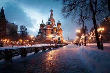 Obraz premium St. Basil's cathedral illuminated at night moscow famous landmarks urban landscape winter wonderland captivating viewpoint