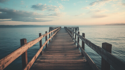 Fototapeta premium Wooden pier with sunset view, Landscape view of pier in the sea in summer with shady and cozy vibe, Perspective view pier at the beach.
