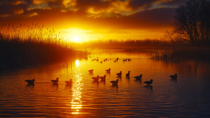 Fototapeta premium Golden hour ducks on lake water surface reflecting sunlight nature photography scenic landscape view