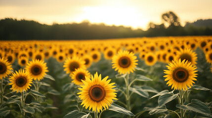Fototapeta premium Sunflower field with sun set view, Selective focus sunflower farming , Landscape view of yellow flower field.