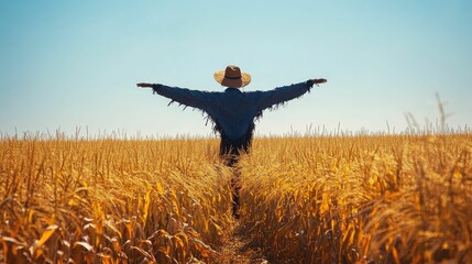 Scarecrow stands in golden field, arms outstretched.