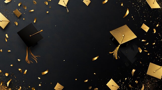 Elegant graduation celebration with golden confetti and mortarboards design
