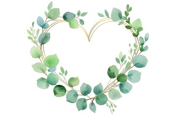 A delicate watercolor heart shaped wreath of eucalyptus leaves and gold accents, symbolizing love and nature's beauty.