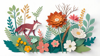 Obraz premium Illustration abstract cut paper flowers isolated white background expression wild animals florals