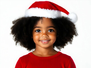 Joyful Child with Afro Hair Wearing a Santa Hat Smiles Cheerfully in a Red Sweater Against a White Background