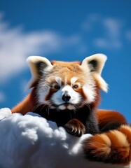 Fototapeta premium Adorable Red Panda Relaxing on a Puffy Cloud Under the Bright Blue Midday Sky