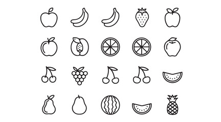 Line icons about fruits. Contains such icons as apple, strawberry, watermelon and more. Editable vector stroke.