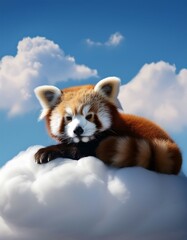 Fototapeta premium Dreamy Red Panda Lounging on a Fluffy Cloud Beneath a Radiant Midday Sky