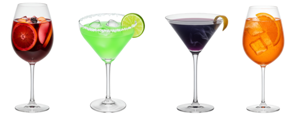 Four colorful cocktails in glasses standing in a row on a surface transparent background