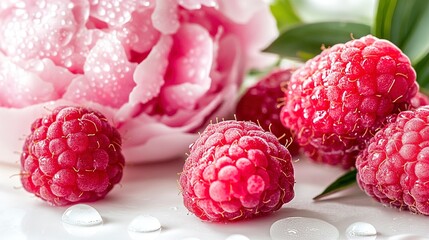 Fresh Raspberries and Dew-Kissed Peony A Summer Still Life