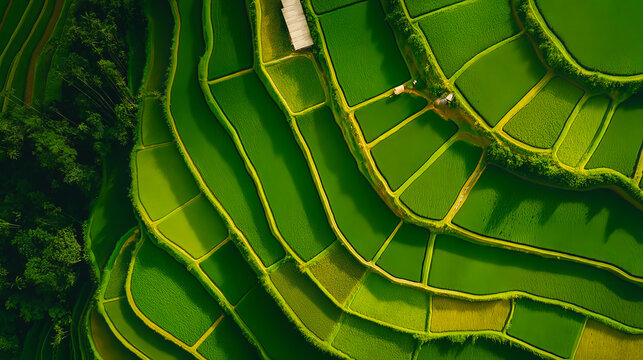 Aerial view of green rice terraces fields agriculture landscape in asia for travel and tourism - Powered by Adobe