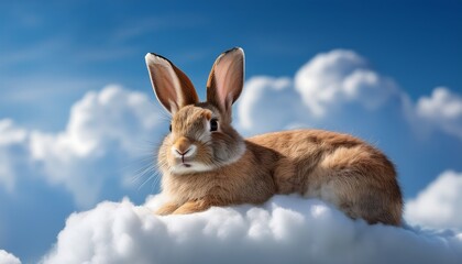 Obraz premium Serene White Rabbit Nestled on a Cloud Beneath the Open Sky