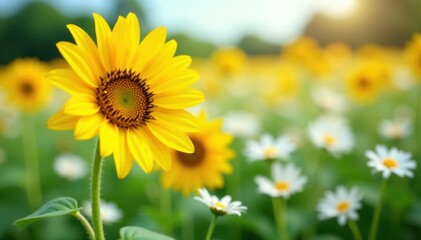 Obraz premium Bright yellow sunflower in field of white daisies, daisies, alone