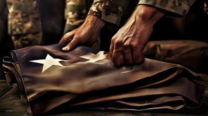 A Soldier Carefully Folds a Worn, Dark Brown Flag with Stars, a Somber Tribute Image