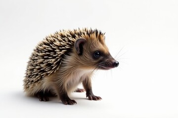 Obraz premium Close-up of a hedgehog, facing right, against a stark white backdrop, background, wild animal