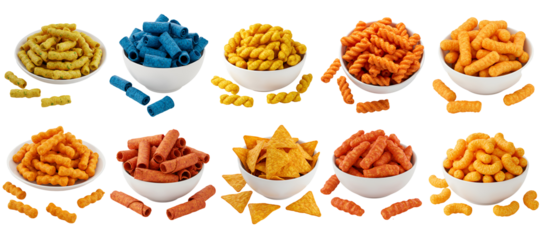 Assorted colorful snacks in white bowls arranged on a flat surface transparent background