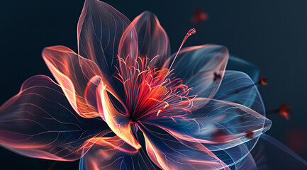 Obraz premium Luminescent ethereal flower glows with vibrant red and orange hues intricate details dark background digital art glowing petals abstract floral