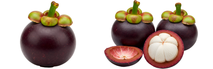 A group of mangosteens, some whole and one cut in half, on a surface transparent background