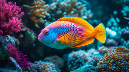 Fototapeta premium Colorful reef fish swimming in coral reef aquarium marine life ocean sea underwater tropical fish tank