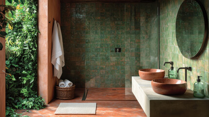 serene and eco friendly bathroom featuring vibrant green tiles, natural materials, and lush plant wall. space includes two elegant bowls, enhancing sustainable aesthetic