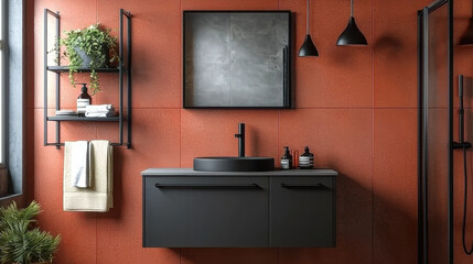 modern bathroom featuring bold terracotta wall, sleek black fixtures, and minimalist decor. space exudes stylish and contemporary vibe, perfect for relaxation and rejuvenation