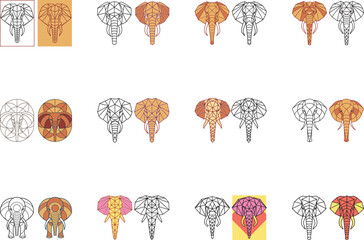 Collection of Geometric Elephant Head Designs with Line Art and Color Variations