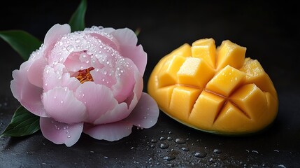 Delicate Pink Peony and Juicy Mango Still Life