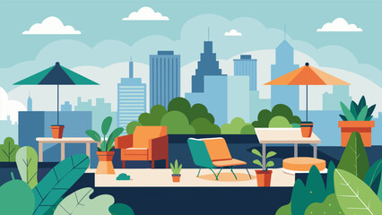 A rooftop garden provides a peaceful refuge for busy professionals with comfortable seating and a variety of plant life.. Vector illustration