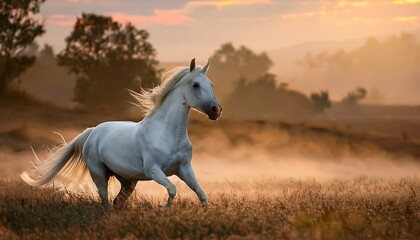 Galloping White Horse in a Misty Morning Meadow Bathed in Dreamy Light