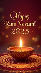 Happy Ram Navami 2025 &ndash; Traditional Diya on Vibrant Rangoli with Festive Lights, Hindu Celebration, Spiritual Blessings, Indian Festival of Joy, Symbolizing Divine Light and Cultural Heritage