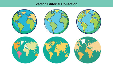 Vector Earth Globe Illustrations Set, A collection of six vector illustrations depicting the Earth with different perspectives and color schemes, ideal for global and environmental themes.
