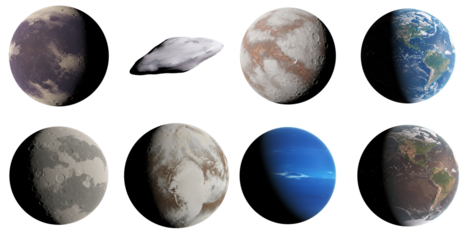 Eight celestial bodies including earth and other planets displayed transparent background