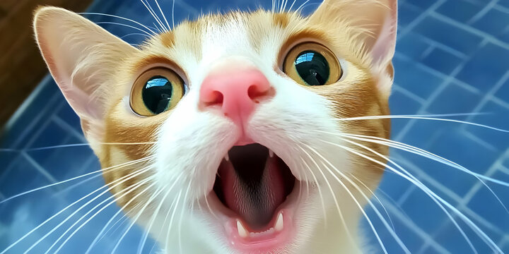 Close-up Image of an Orange and White Cat Yawning Widely with Big Eyes Against a Blue Background