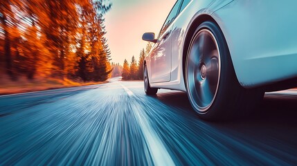 Fototapeta premium Fast Car Driving on Autumn Road at Sunset