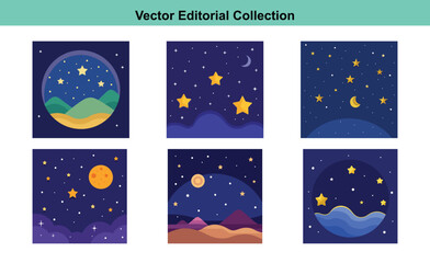 Night Sky and Stars Vector Illustration Set, A set of six vector illustrations depicting various night sky scenes with stars, moons, mountains, and landscapes in vibrant colors.
