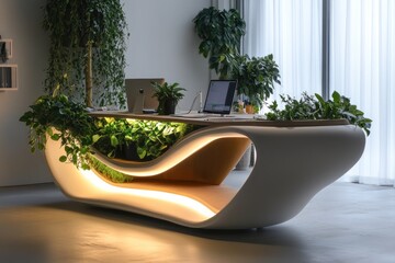 A plant-integrated workstation where organic elements interact with digital design.
