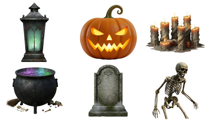 Various halloween themed objects including pumpkin and skeleton shown transparent background