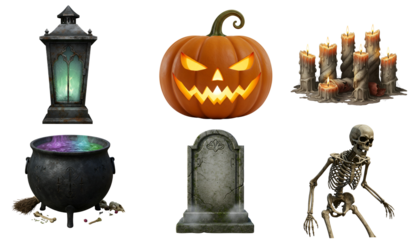 Various halloween themed objects including pumpkin and skeleton shown transparent background