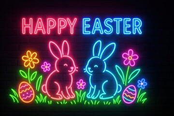 Happy Easter Neon Sign with Bunnies and Eggs