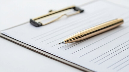 pen rests on lined paper attached to clipboard, ready for writing